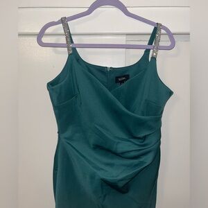 Teal Green Sleeveless Draped Cocktail Dress with Embellished Straps